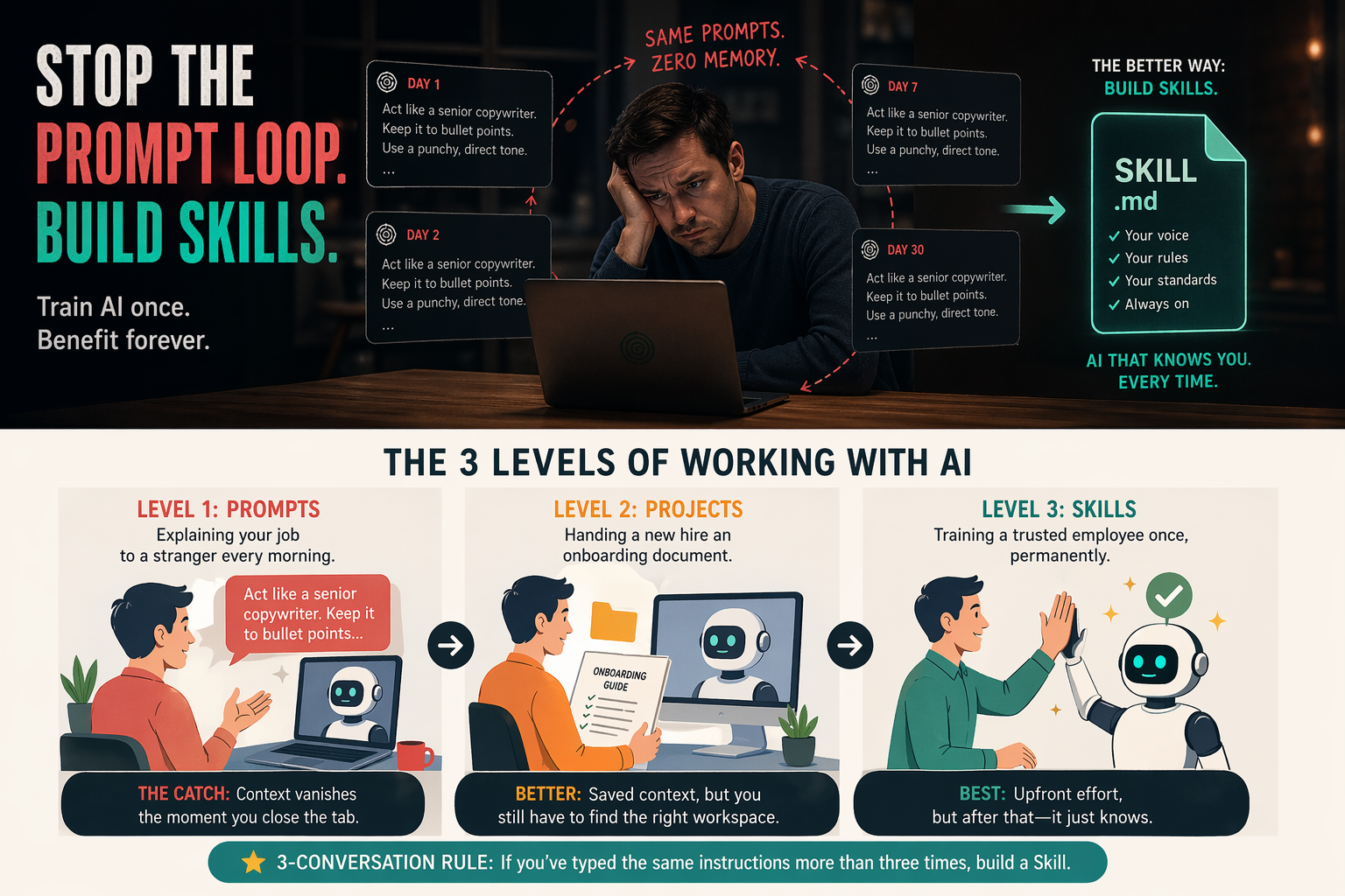 The 3 levels of working with AI — Prompts, Projects, and Skills